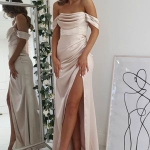 BRIDESMAID DRESS OFF THE SHOULDER GOWN | CHAMPAGNE